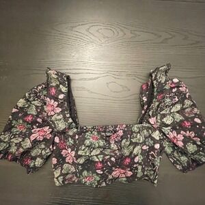 ZARA Floral Square Neck Smocked Puff Sleeve Crop Top Blouse Shirt